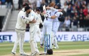 Jonny Bairstow and Joe Root celebrating the victory against New Zealand